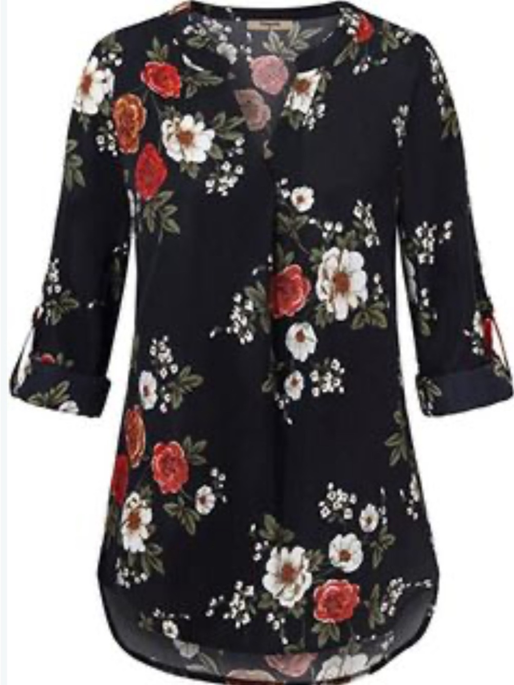 Floral Black V-Neck Roll-Sleeve Blouse - Red & White Roses Women’s Size Large